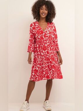 Kaffe Curve Red & White Abstract Floral Tunic Dress with Bell Sleeves
